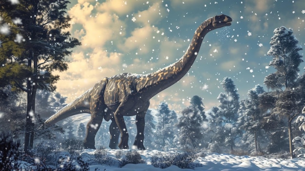 Un brachiosauro imponente che raggiunge il suo lungo collo per catturare i fiocchi di neve con la lingua