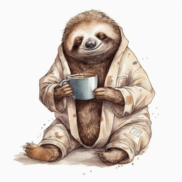 Un bradipo con una tazza di caffè.
