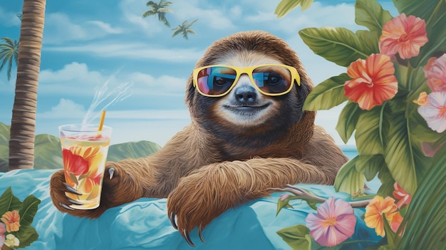 Un bradipo rinomato per la sua tranquillità viene visto sdraiato su un vivace telo da mare all'ombra delle palme Il bradipo aggiunge un tocco giocoso indossando eleganti occhiali da sole che trasmettono una naturale freschezza