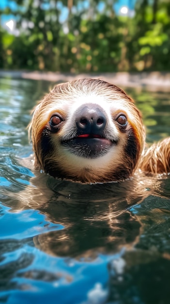 Un bradipo sta nuotando nell'acqua con la bocca aperta.