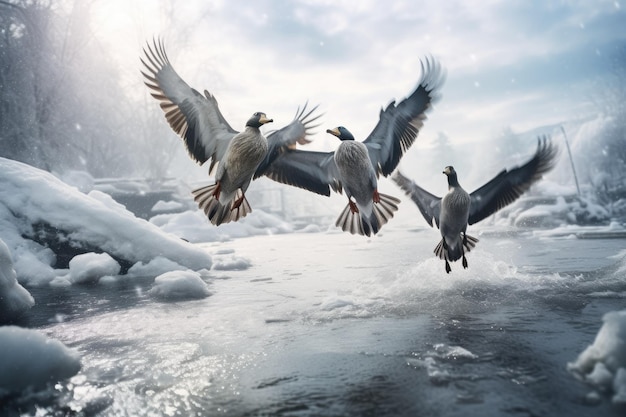 Un branco di anatre che volano su un lago ghiacciato al tramonto invernale Anatre selvatiche che volano sopra un fiume ghiacciato generato dall'IA