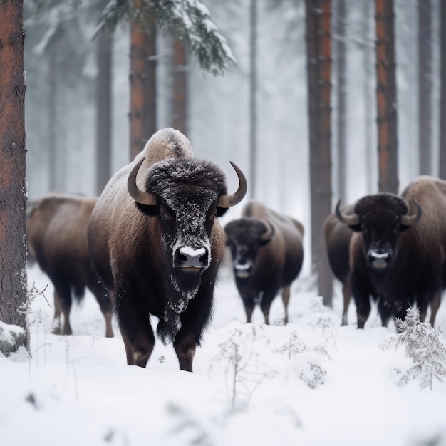 Un branco di bisonti è in piedi nella neve.