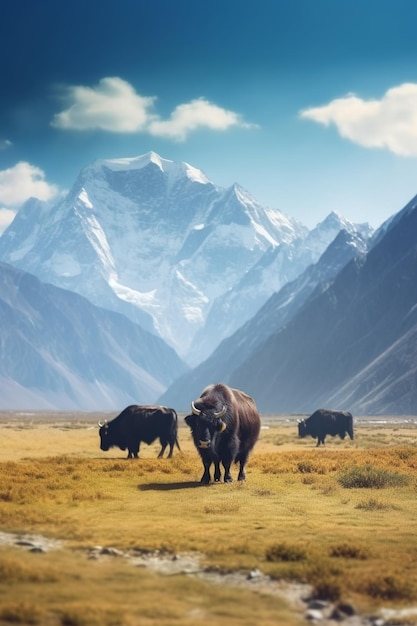 Un branco di bisonti in un campo con le montagne sullo sfondo