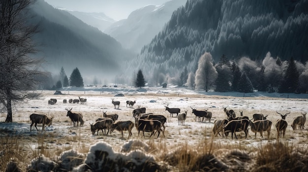 Un branco di cervi in un campo nevoso con le montagne sullo sfondo