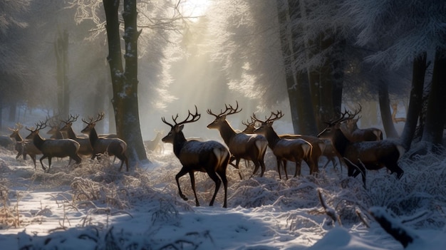 Un branco di cervi si fa strada attraverso una foresta innevata IA generativa