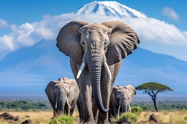 Un branco di elefanti africani in un viaggio di safari in Kenya e una montagna Kilimanjaro innevata in