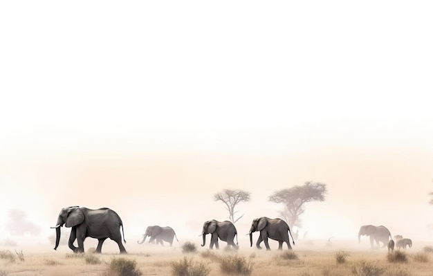 Un branco di elefanti cammina nel giorno dell'Africa sullo sfondo di un paesaggio polveroso della natura generato dall'intelligenza artificiale