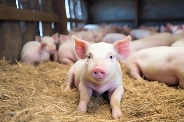 Un branco di grassi maiali divertenti aspetta l'alimentazione in una moderna fattoria per la produzione di carne e lardo