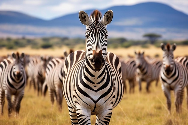 Un branco di zebre si trova in un campo con montagne sullo sfondo.