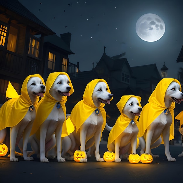 Un branco giocoso di cani spettrali asawakh di colore giallo, ciascuno con la propria IA unica