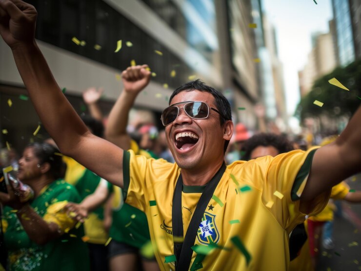 Foto un brasiliano celebra la vittoria della sua squadra di calcio