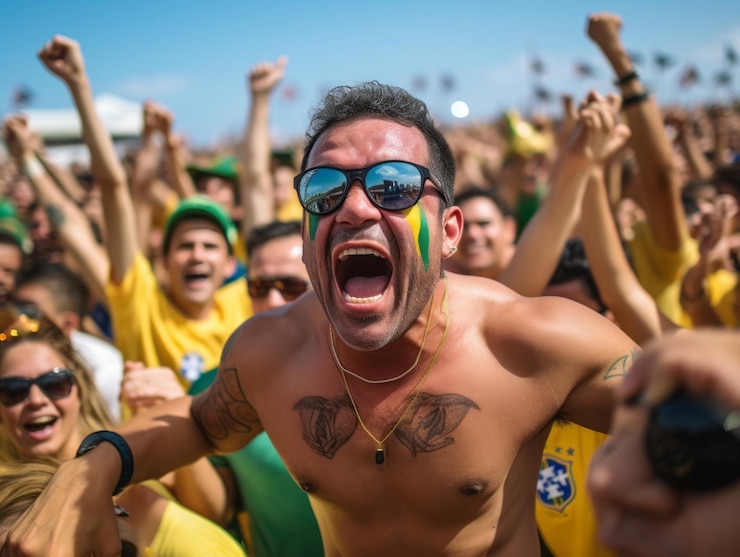 Foto un brasiliano celebra la vittoria della sua squadra di calcio