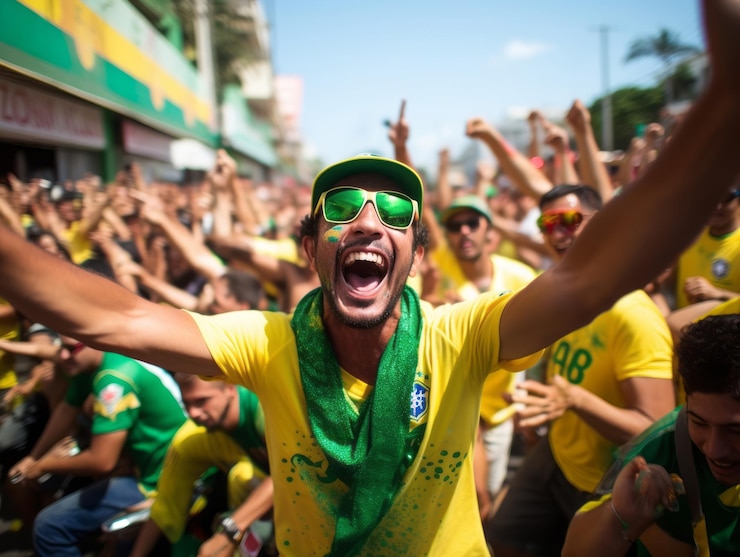 Foto un brasiliano celebra la vittoria della sua squadra di calcio