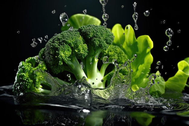 Un broccolo è nell'acqua e viene gettato nell'acqua.