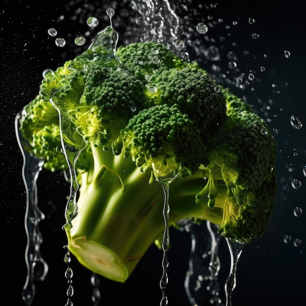 Un broccolo viene lasciato cadere nell'acqua e viene messo a bagno.