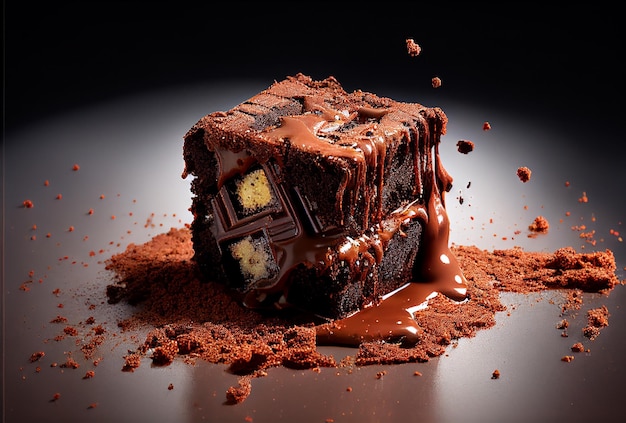 Un brownie al cioccolato fondente con salsa al cioccolato e la parola cioccolato sopra.