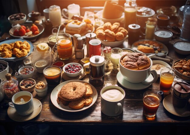 Un brunch con una varietà di opzioni di caffè e tè