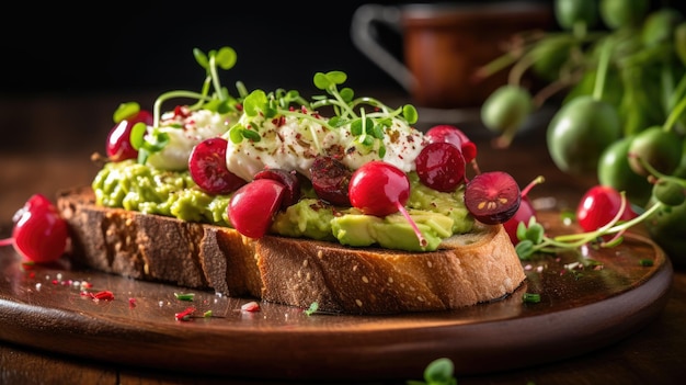 Un brunch preferito con pane tostato di avocado coperto di ravanelli a fette di pomodori ciliegio AI Generative