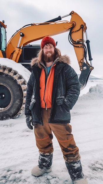Un brutale lavoratore maschio in abiti invernali in montagna sullo sfondo delle attrezzature per la rimozione della neve