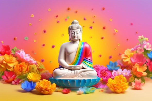 Un buddha colorato siede davanti a uno sfondo colorato con fiori