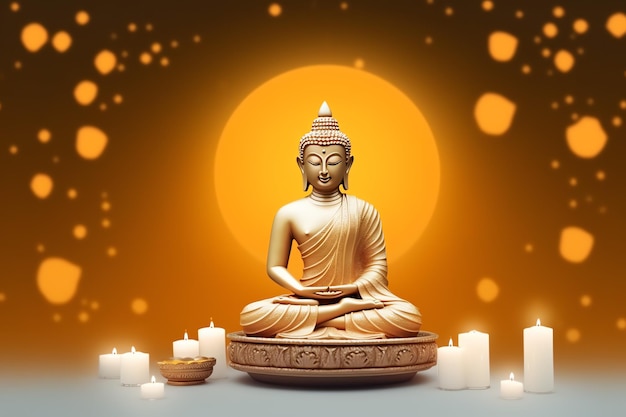 Un Buddha si siede nel giorno di Vesak Buddha Purnima con spazio di copia Sfondio per il giorno della festa di Vesak
