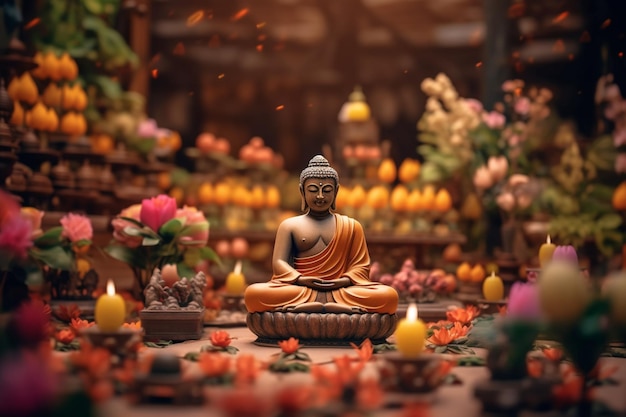 Un buddha siede in giardino con un loto e candele Sfondo per la celebrazione del festival Vesak Vesak day