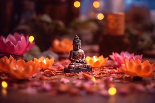 Un buddha siede in giardino con un loto e candele Sfondo per la celebrazione del festival Vesak Vesak day