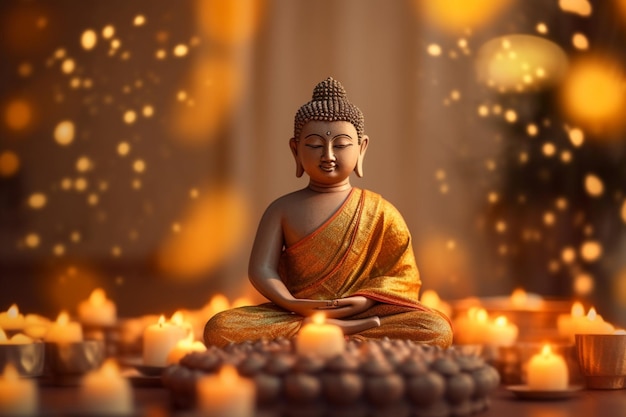 Un buddha siede in giardino con un loto e candele Sfondo per la celebrazione del festival Vesak Vesak day