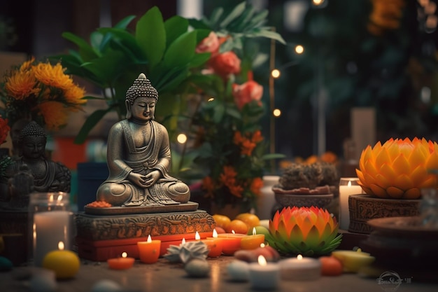 Un buddha siede in giardino con un loto e candele Sfondo per la celebrazione del festival Vesak Vesak day