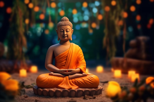 Un buddha siede in giardino con un loto e candele Sfondo per la celebrazione del festival Vesak Vesak day