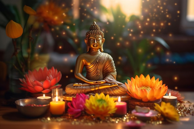 Un buddha siede in giardino con un loto e candele Sfondo per la celebrazione del festival Vesak Vesak day