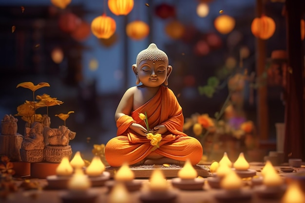 Un buddha siede in giardino con un loto e candele Sfondo per la celebrazione del festival Vesak Vesak day