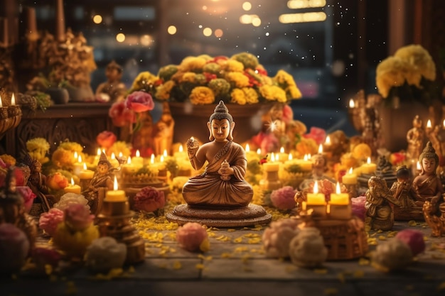 Un buddha siede in giardino con un loto e candele Sfondo per la celebrazione del festival Vesak Vesak day