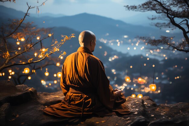 Un buddha siede in montagna con un loto e candele Sfondo per la celebrazione del vesak Vesak day