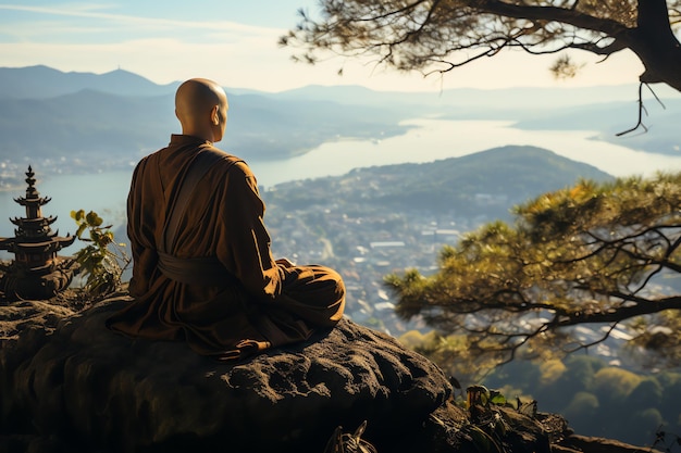 Un buddha siede in montagna con un loto e candele Sfondo per la celebrazione del vesak Vesak day