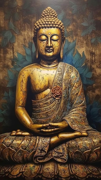 Un buddha siede in una stanza di meditazione con un fiore sul lato sinistro.