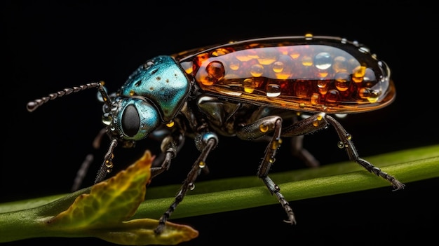 Un bug con i colori arancione e blu si trova su una pianta.