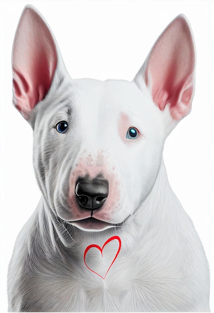 Un bull terrier con un cuore rosso sul naso