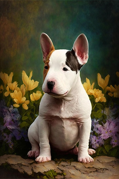 Un bull terrier siede in un'aiuola