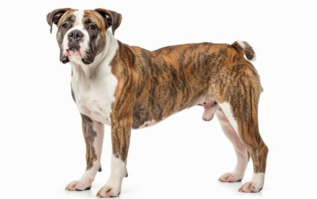 Un bulldog americano di brinda sta attento a mostrare il suo sorprendente modello di mantello di brinda e il suo fisico robusto Il comportamento sicuro dei cani è evidente