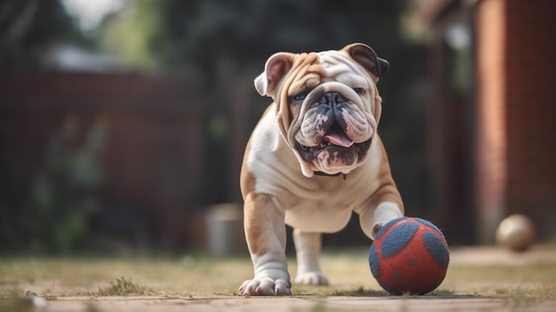 Un bulldog che gioca con una palla