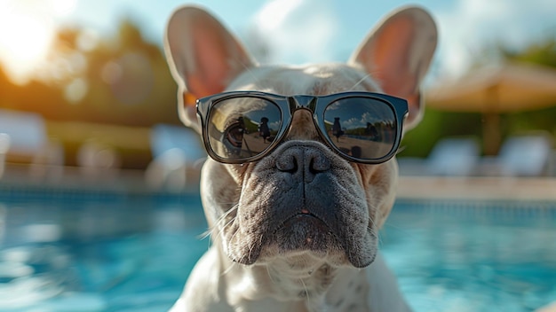 un bulldog che indossa occhiali da sole si siede in una piscina con il sole che gli splende sugli occhi