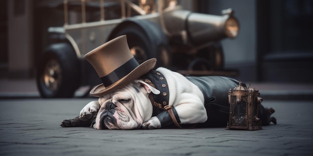 Un bulldog che indossa un cappello a cilindro e un cappello a cilindro giace a terra con accanto una valigia.