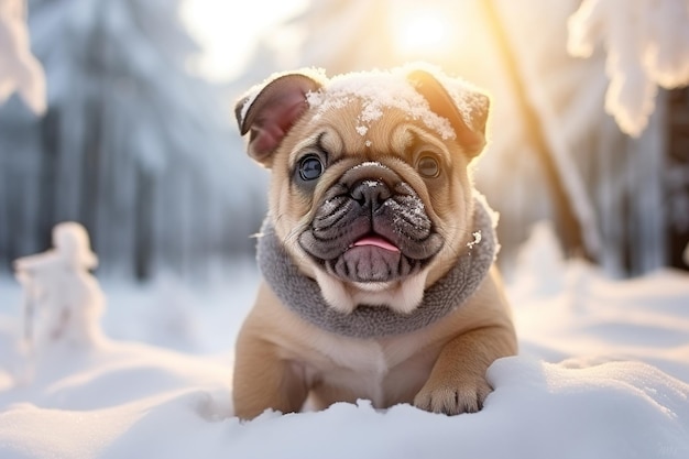 Un bulldog divertente con una sciarpa a maglia seduto in una neve in un giorno invernale soleggiato un animale domestico in una passeggiata in foresta all'aperto