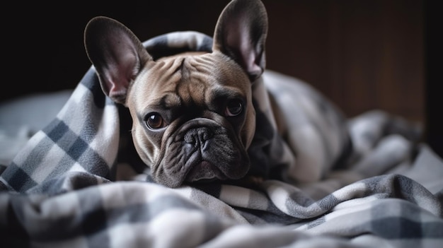 Un bulldog francese avvolto in una coperta