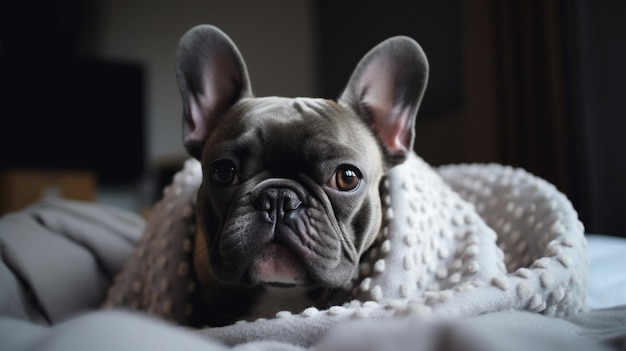 Un bulldog francese avvolto in una coperta