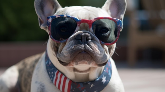 Un bulldog francese che indossa occhiali da sole e una bandana rossa, bianca e blu.