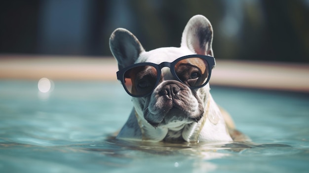 Un bulldog francese che indossa occhiali da sole nuota in una piscina.