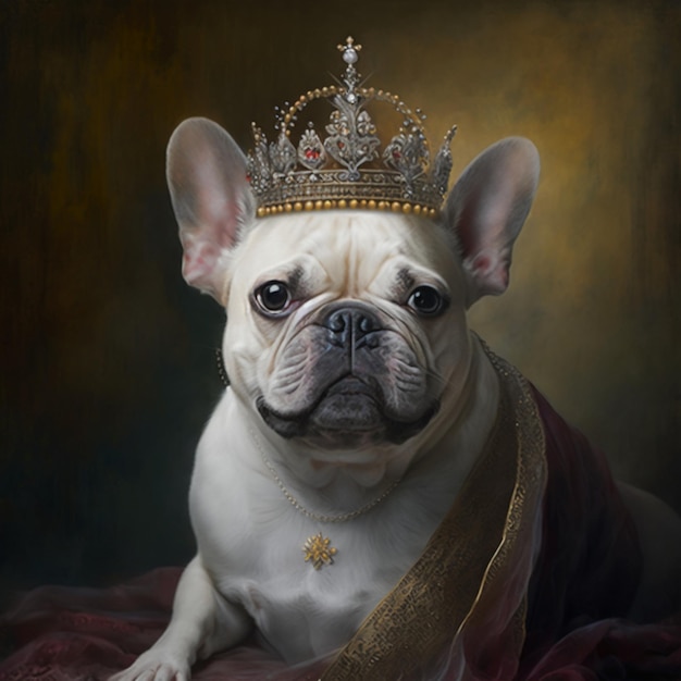 Un bulldog francese che indossa una corona indossa una fascia d'oro.