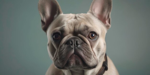 Un bulldog francese è mostrato con un collare nero.